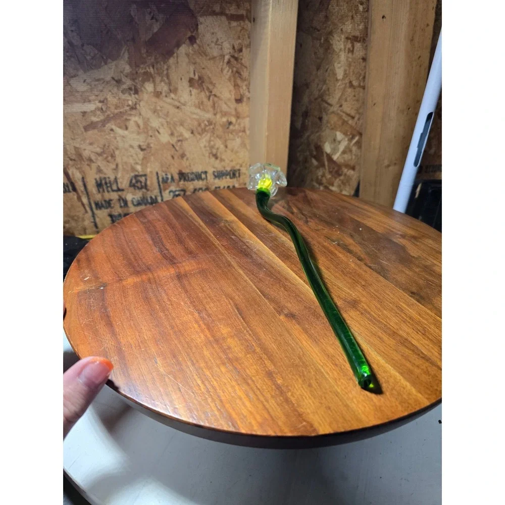 Hand Blown Art Glass Flower Long Green Stem Yellow Center Clear Petals 12 Inch